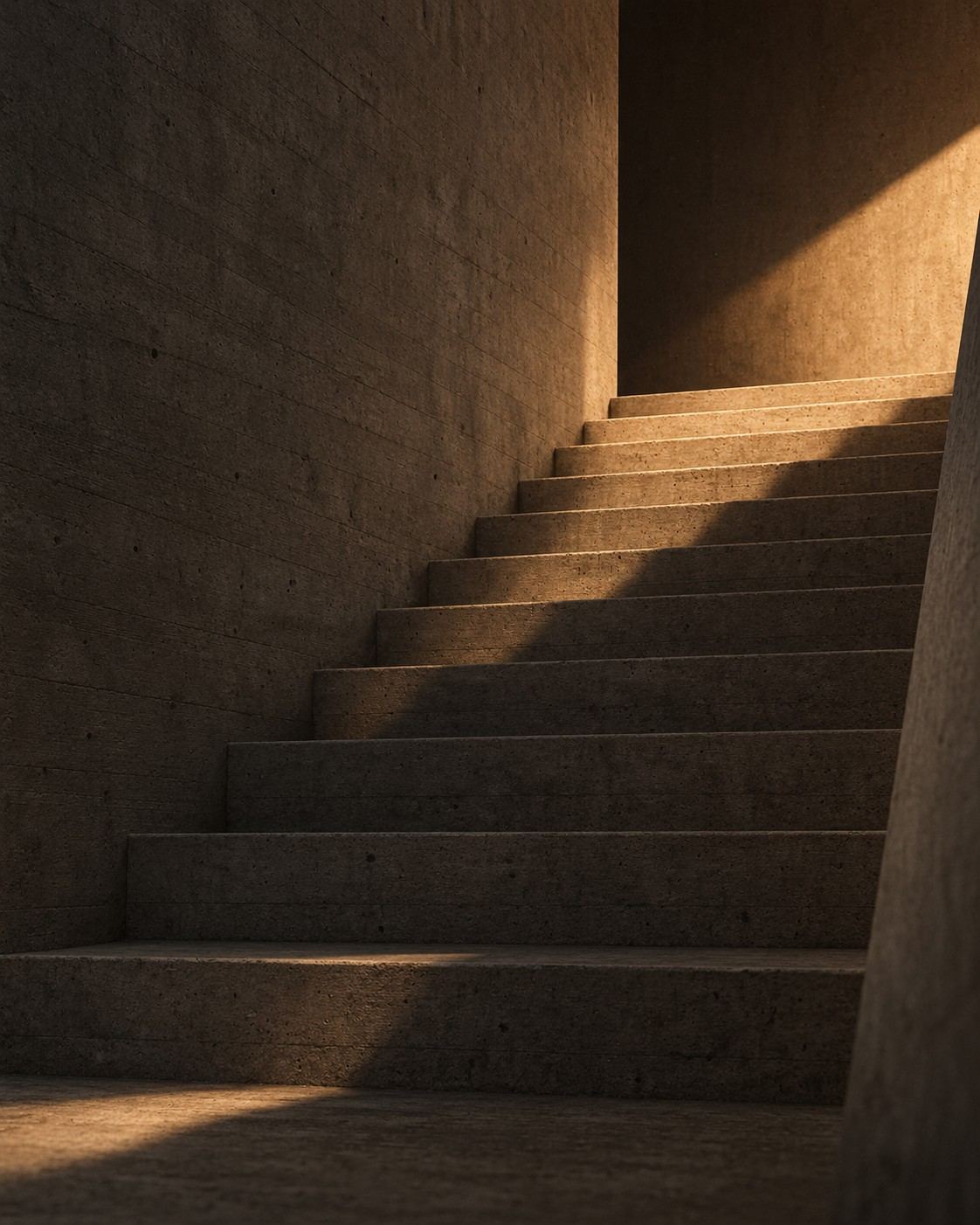 Escalera de concreto con luz cálida en diagonal