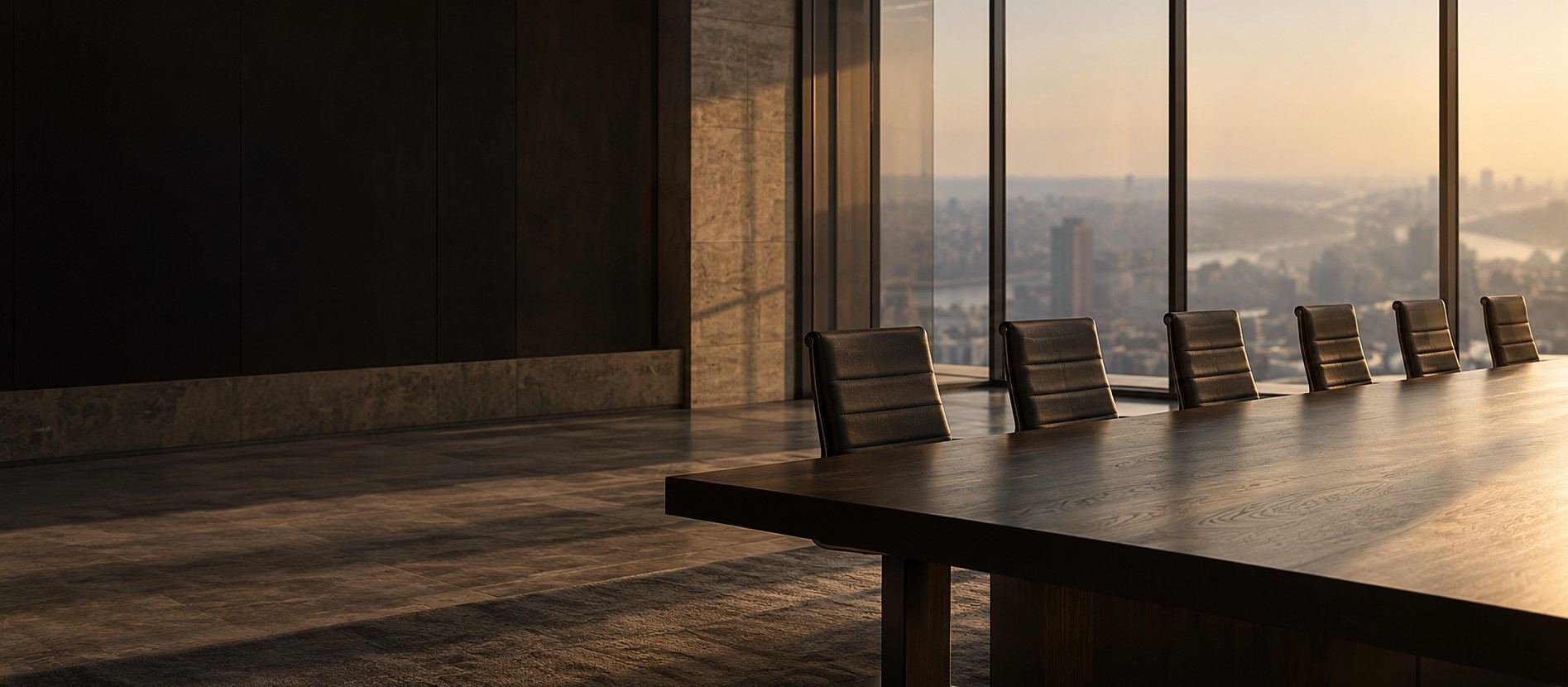 Sala de juntas vacía con vista a la ciudad al atardecer