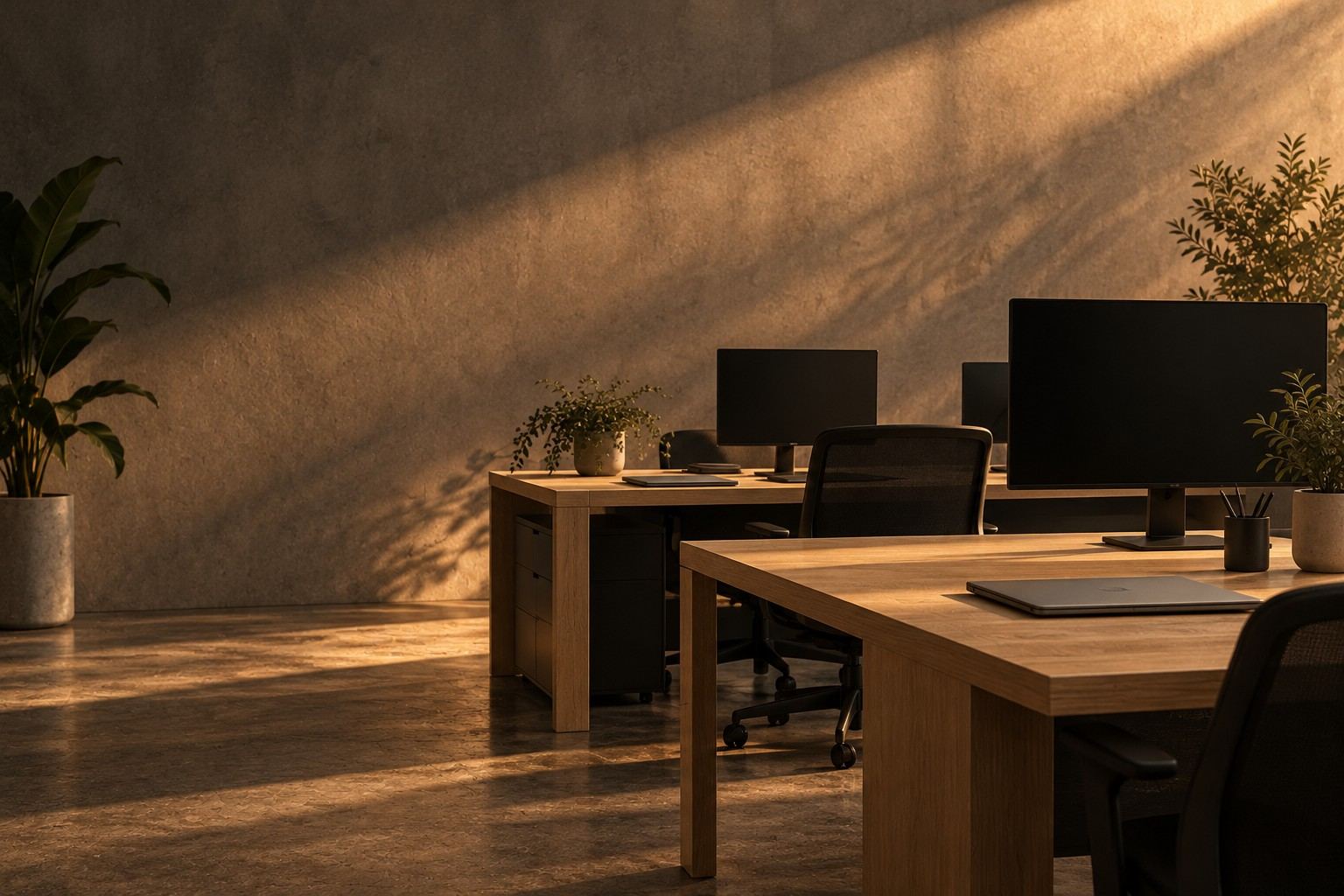 Oficina contemporánea vacía con luz del atardecer