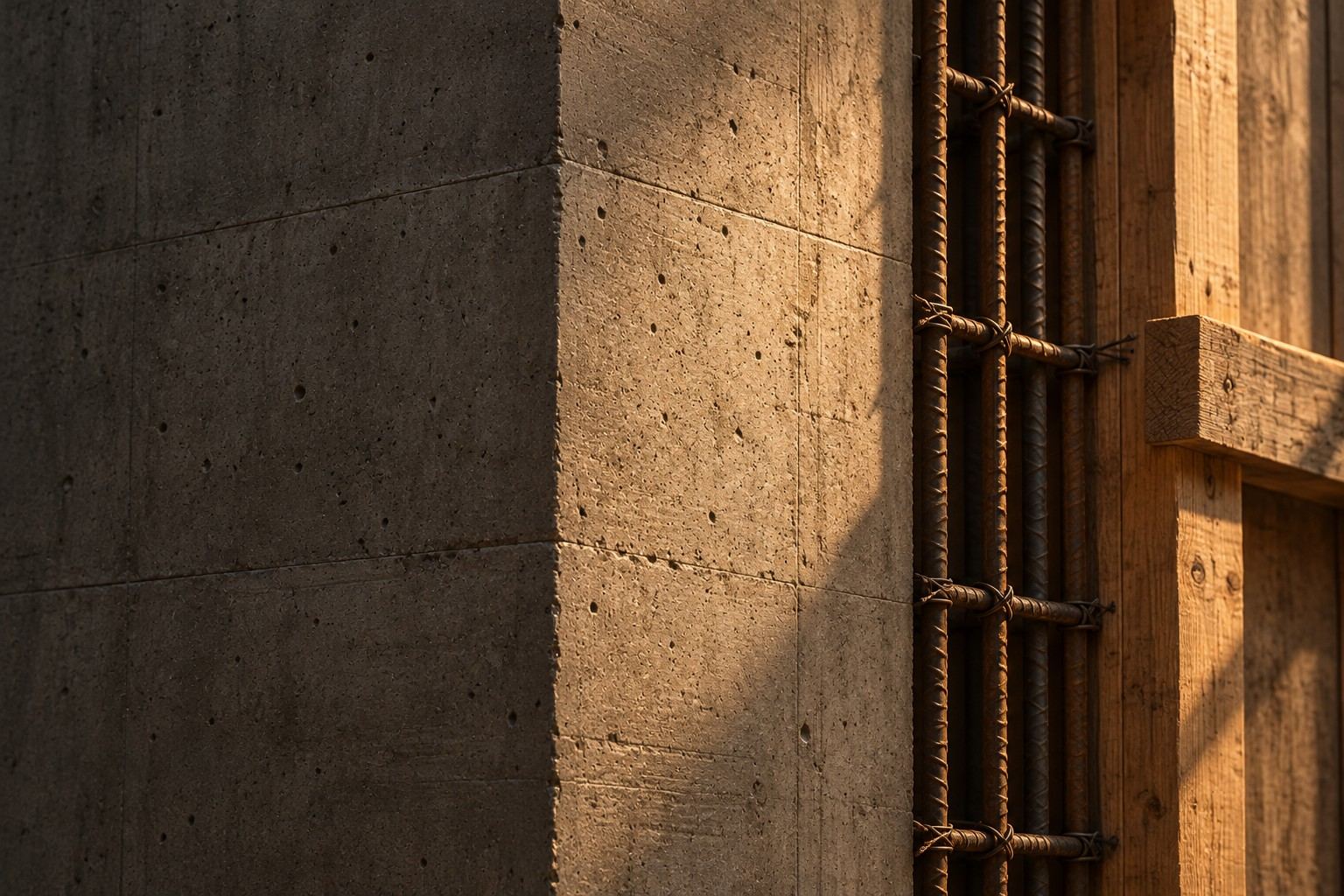 Columnas de concreto y cimbra en una obra al atardecer