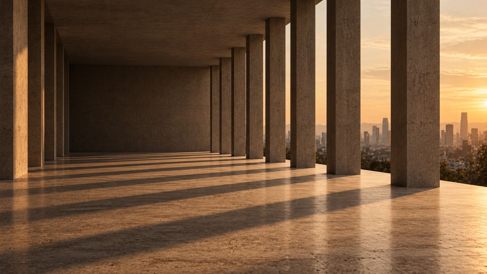Columnata de concreto con sombras paralelas al atardecer