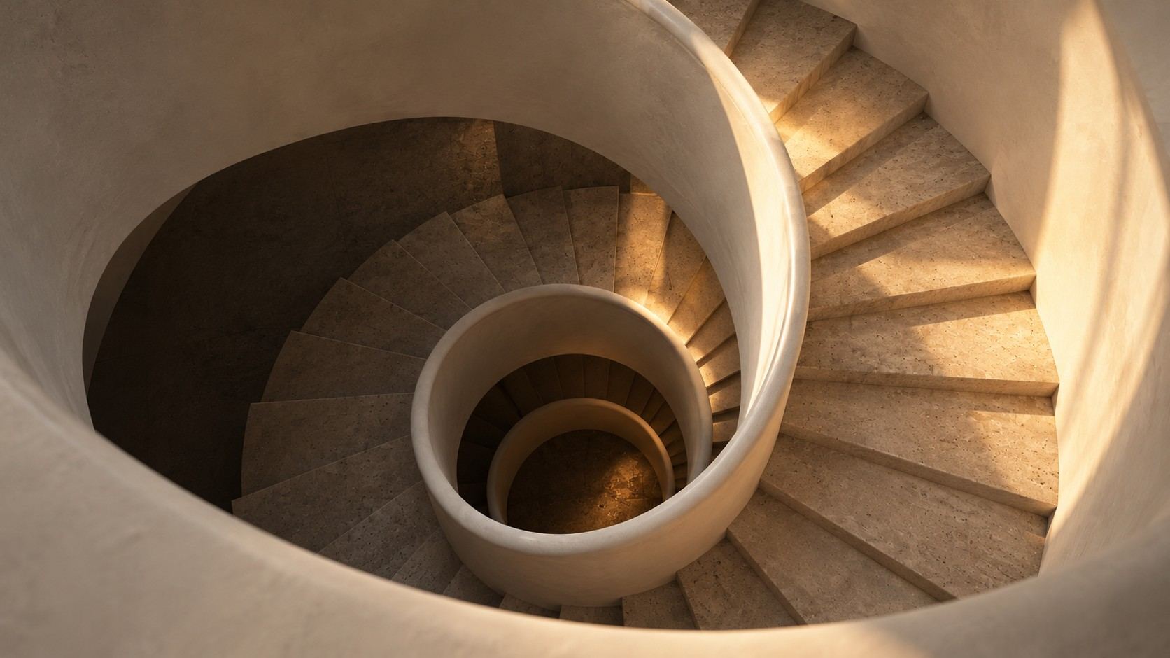 Escalera en espiral vista desde arriba con luz cálida