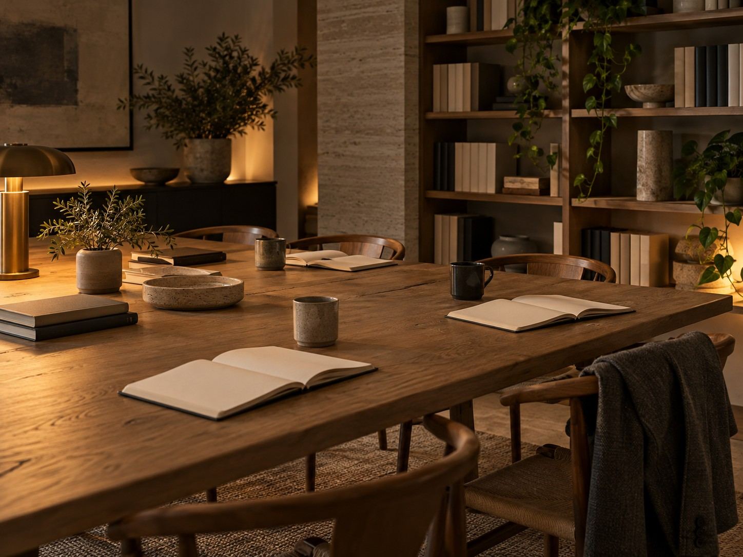 Mesa de trabajo compartida al final del día, con libretas, tazas y un saco sobre una silla