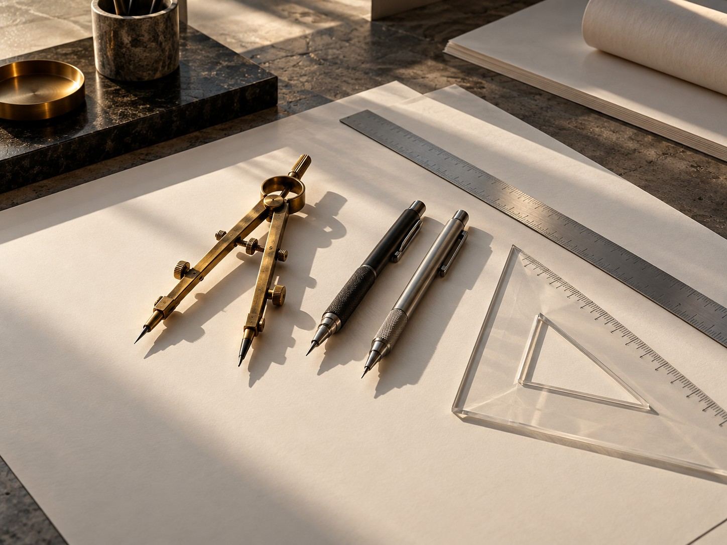 Instrumentos de dibujo técnico de precisión sobre papel en blanco