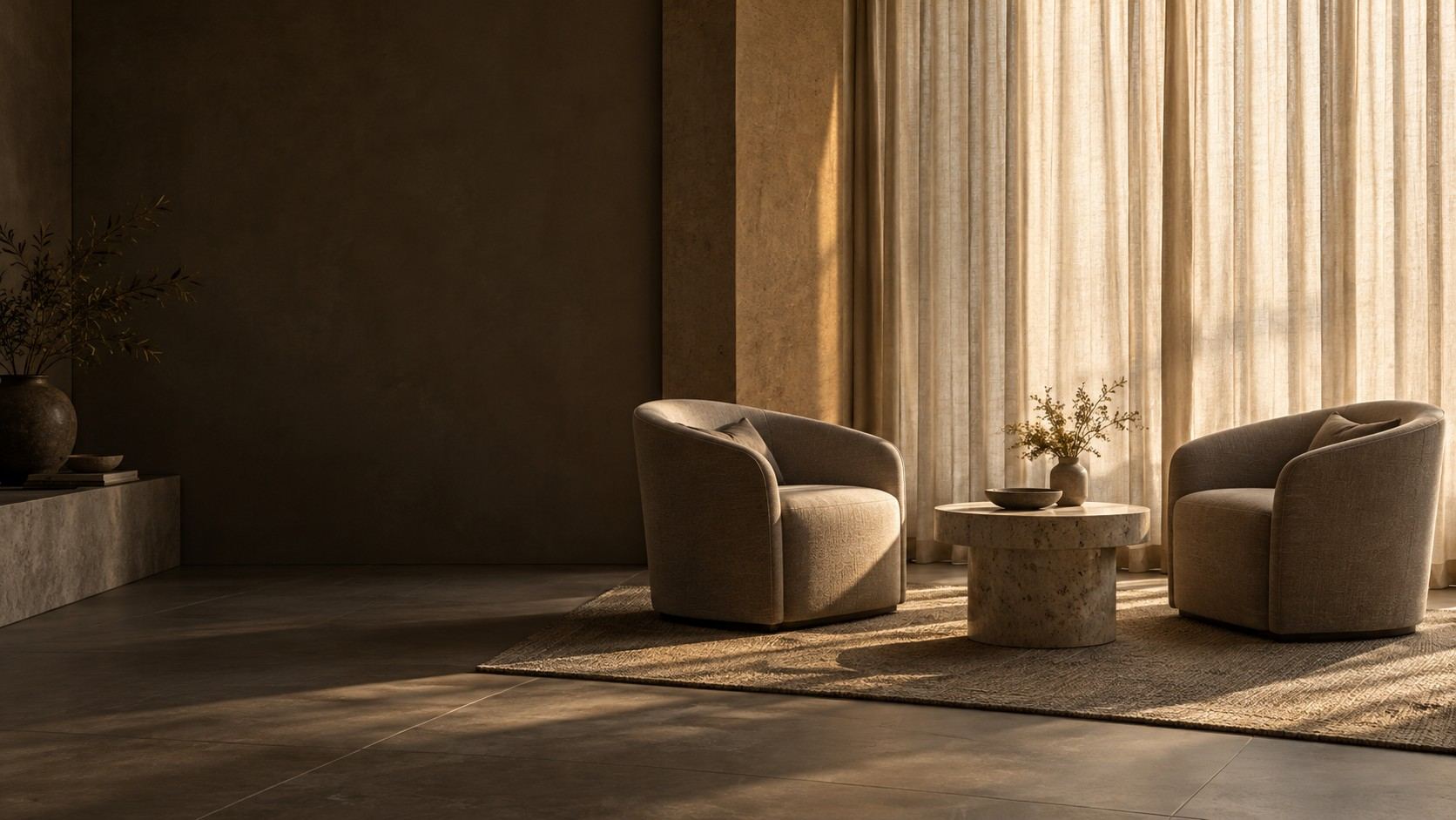 Dos sillones frente a frente junto a cortinas de lino iluminadas